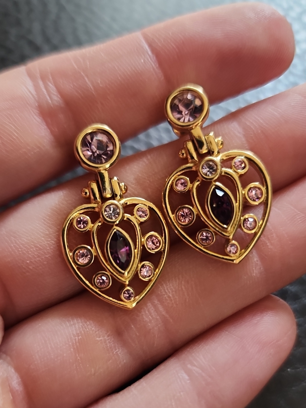 Swarovski Gold-Tone Heart Drop Earrings with Pink and Purple Stones